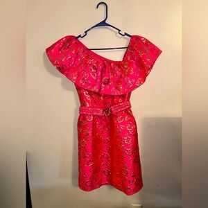 Lilly Pulitzer NWT Shannie One Shoulder Dress Pink Grenadine Gold Puff Floral 2